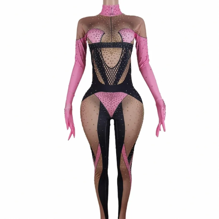 Sexy Pink Rhinestes Macacões Mulher Nightclub Imprimir Leotard Cantor Traje Festa de Aniversário Pole Dance Drag Queen Stage Wear j7OM #