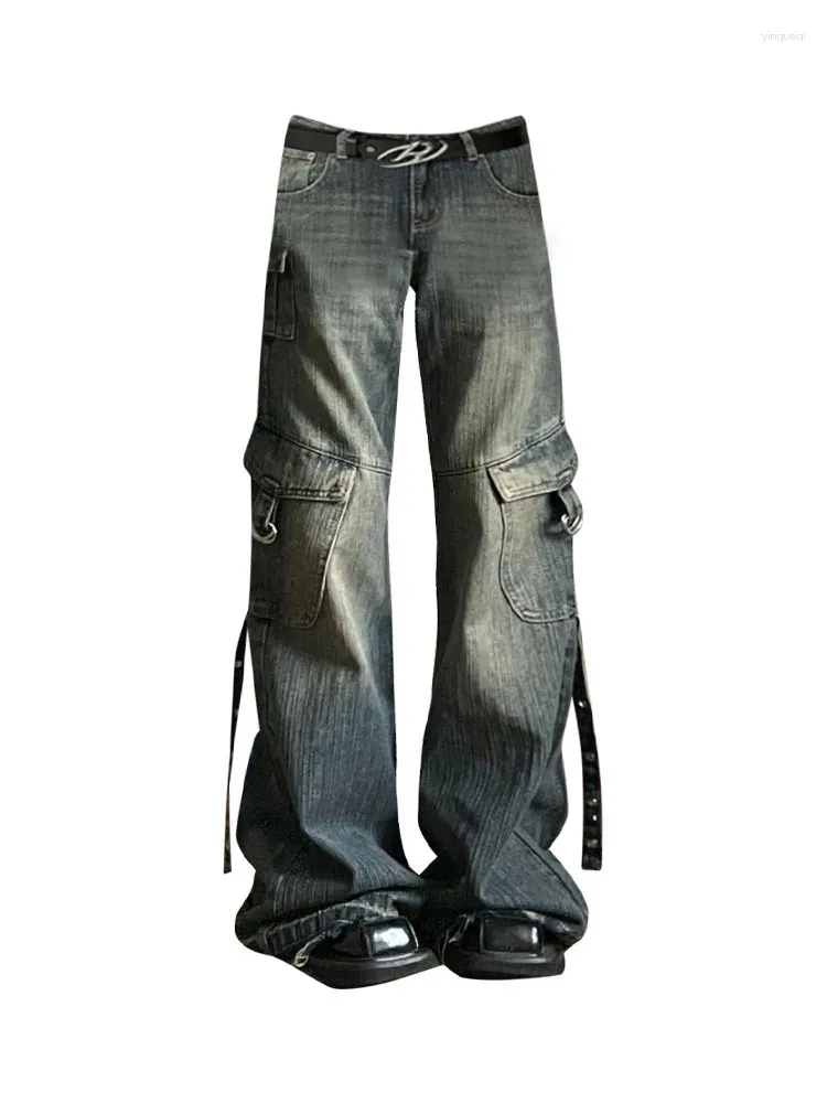 Jeans pour femmes Pantalon cargo bleu délavé rétro américain Poches baggy Confortable Streetwear Taille haute Pantalon coréen Hiphop Esthétique des années 2000