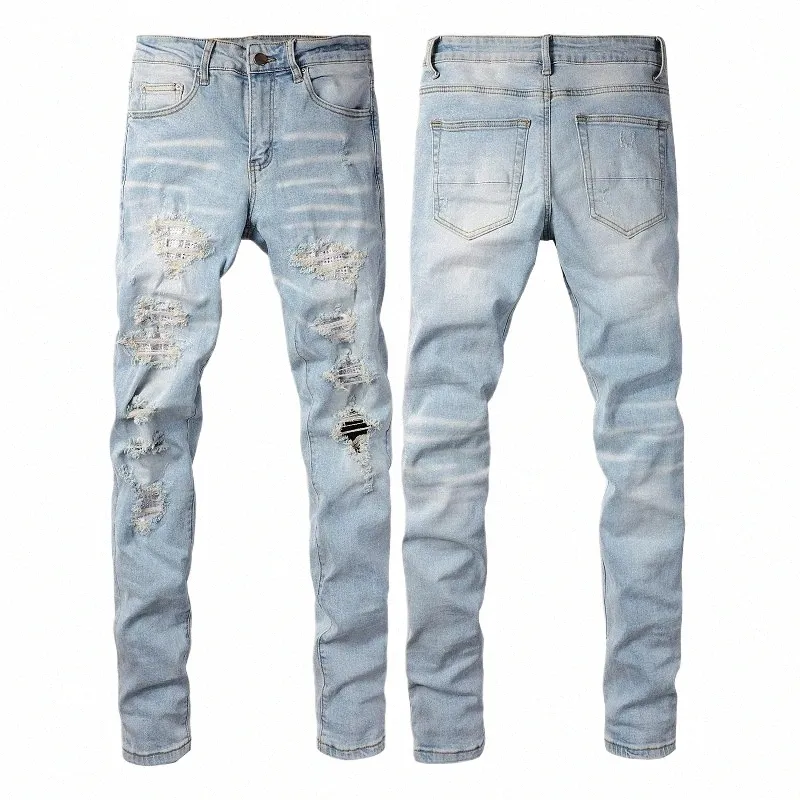 2024 New Blue Skinny Jeans pour hommes Stretch Slim Fit Ripped Distred Plissé Genou Patch Sticking Drill Denim Pantalon B2te #