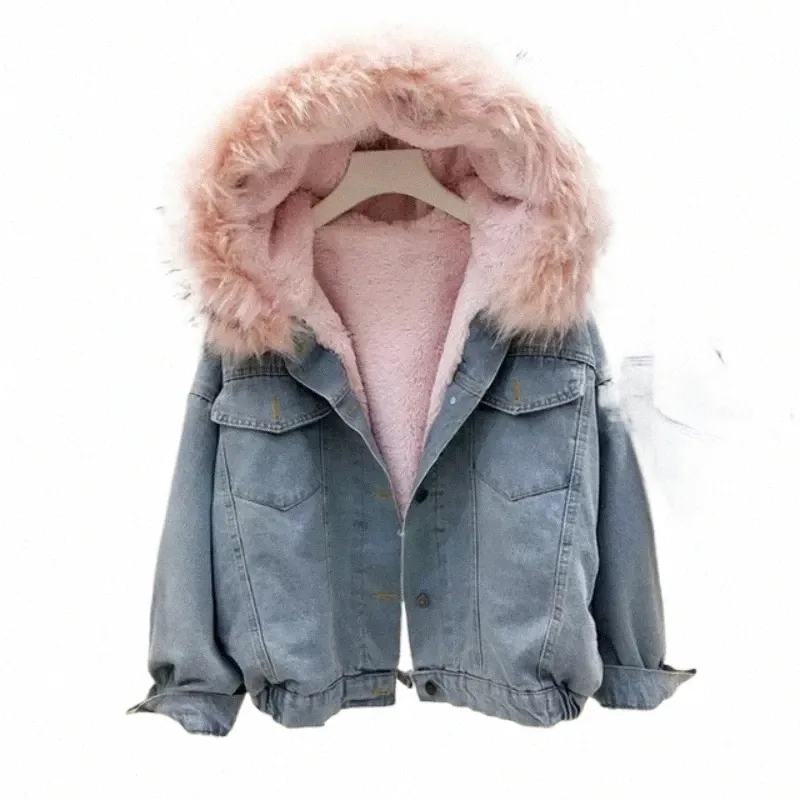 Gola de pele falsa Jaqueta Jeans Mulheres Inverno Com Capuz Quente Jean Casaco Estudante Básico Parkas Feminino Jaqueta Bomber J7Ga #