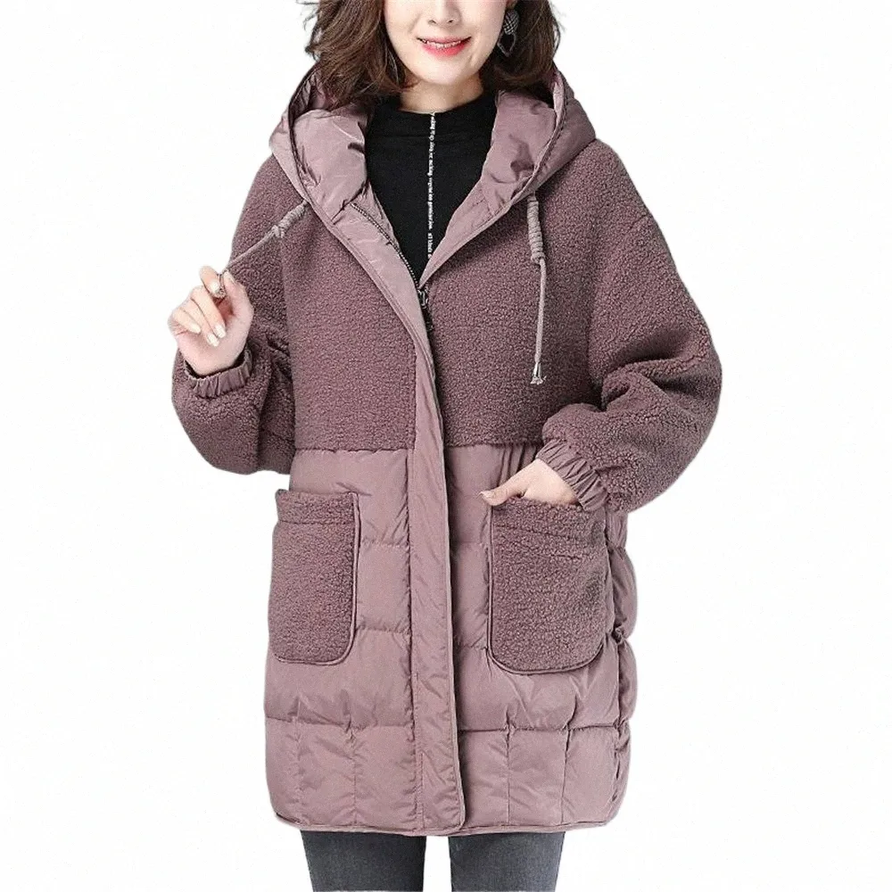 2022 Novo inverno Down Cott Parker Mulheres encapuzadas casaco de comprimento médio solto Casual Cosual Costura Parka Jackets Ladies Outwear M7NU#