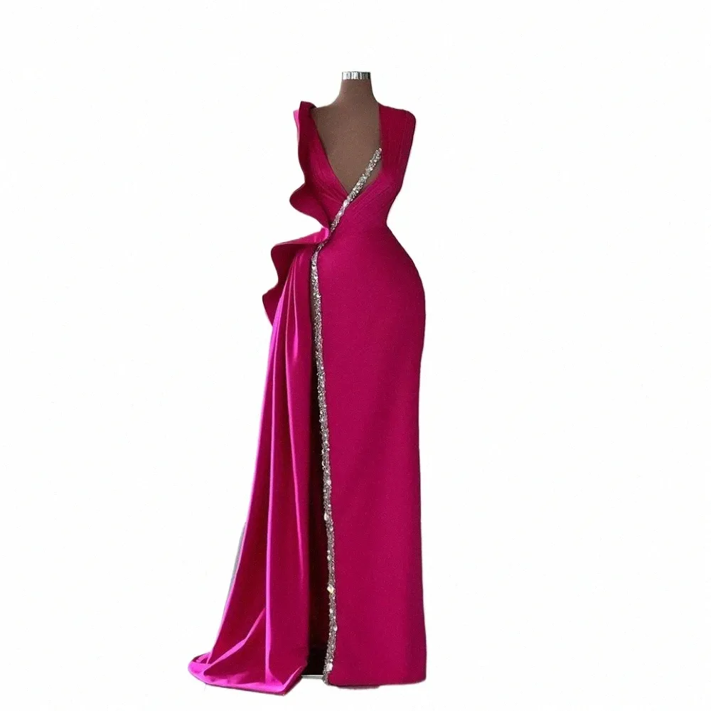 Luxury Side Split Evening Dress, Deep V-Neck Sequined Beading Crystal Floor  Length Sweep Train Prom Dr Party Gowns