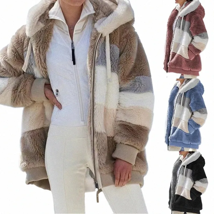Herbst/Winter Warm Plüsch Panel Zip Tasche Mit Kapuze Lose Mantel Frauen d6UG #