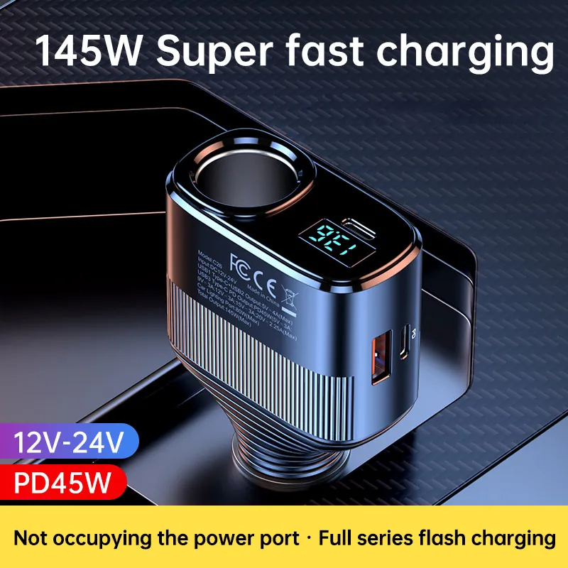 C26 145W Ultra High Power 1 to 4 Flash Charging PD 45W Flexible Retractable Car Fast Charger USB Type C Cigarette Lighter Adapter
