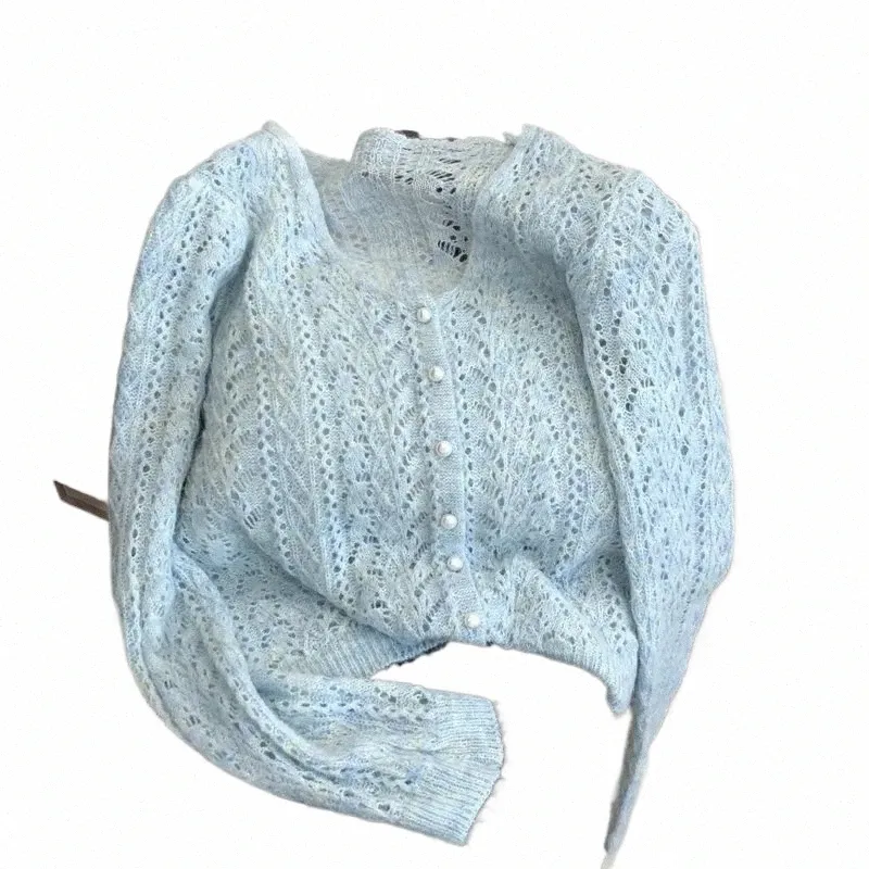 Kvinnor Sticked Cardigan Sweater Jacket FI Spring Autumn 2024 Ny mångsidig fritid tunn stil som ihåter ut damer topprock n9ha#