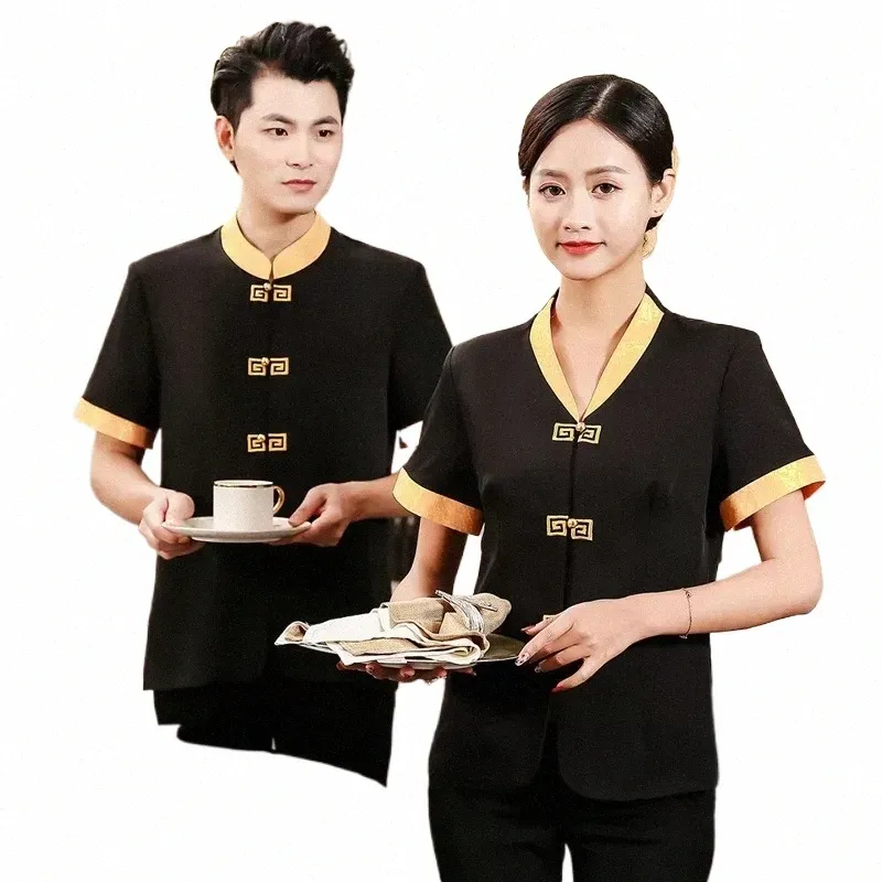 Salopette de serveur d'hôtel à manches courtes Teahouse Hotpot Shop Uniformes de serveur d'hôtel Vêtements de cuisinier d'été Vêtements de travail de restaurant Tops a12d #