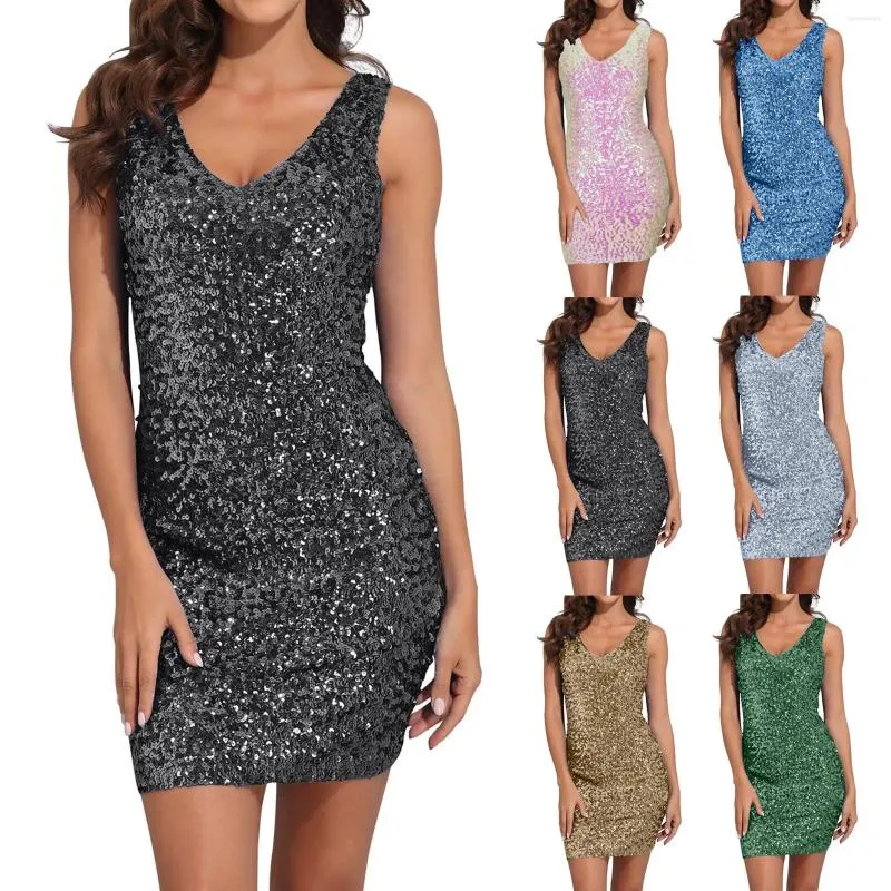 Vestidos de festa sem mangas sem alças sólido camisola saia shimmer chamativo lantejoulas embelezado sexy hip lantejoulas vestido feminino 2024 roupas