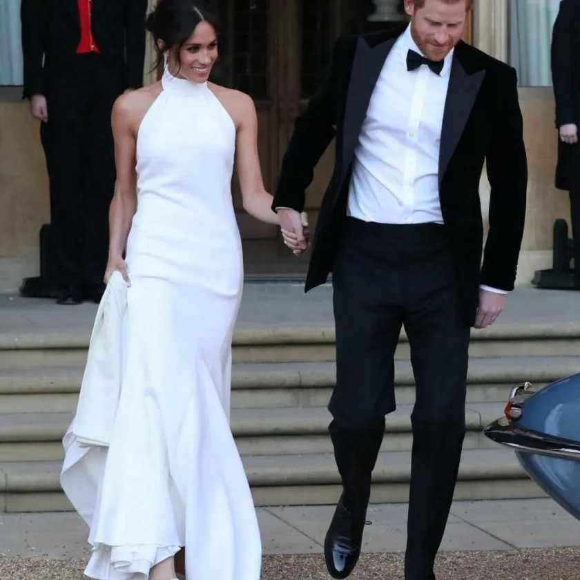 Meghan Markle Halter Second Royal Celebrity Gown Mermaid Reception Dress with Satin Long Sweep Train Dresses193A