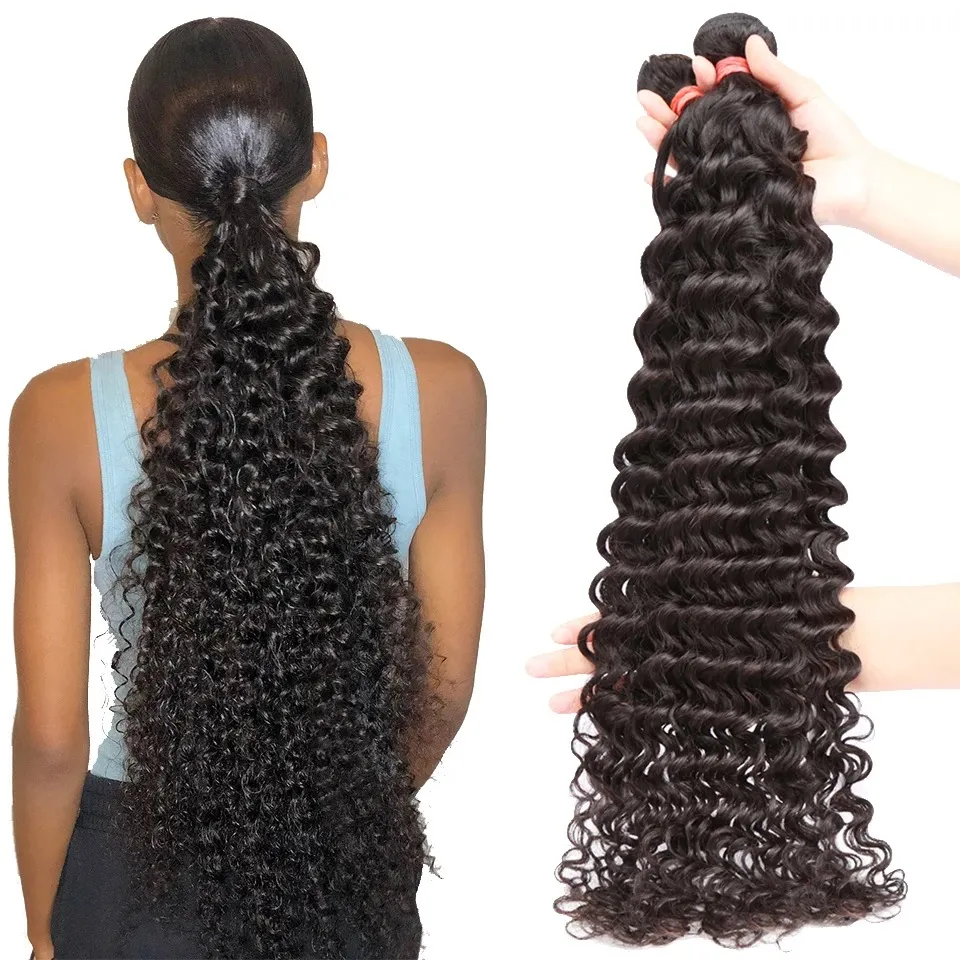Djup lockigt brasilianskt hår Deep Wave Human Hair Bunds 10a Grad Deep Wave Curly Hair Bunds Thick Hair Weaves Bunds