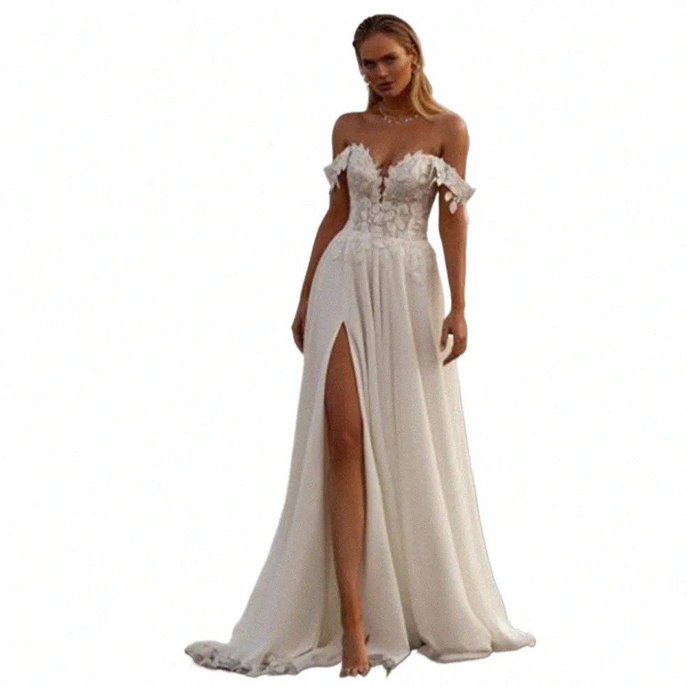 praia casamento Dr Lace apliques uma linha LG vestido de noiva fora do ombro Boho noiva Dres Robe De Mariee Z1LK #