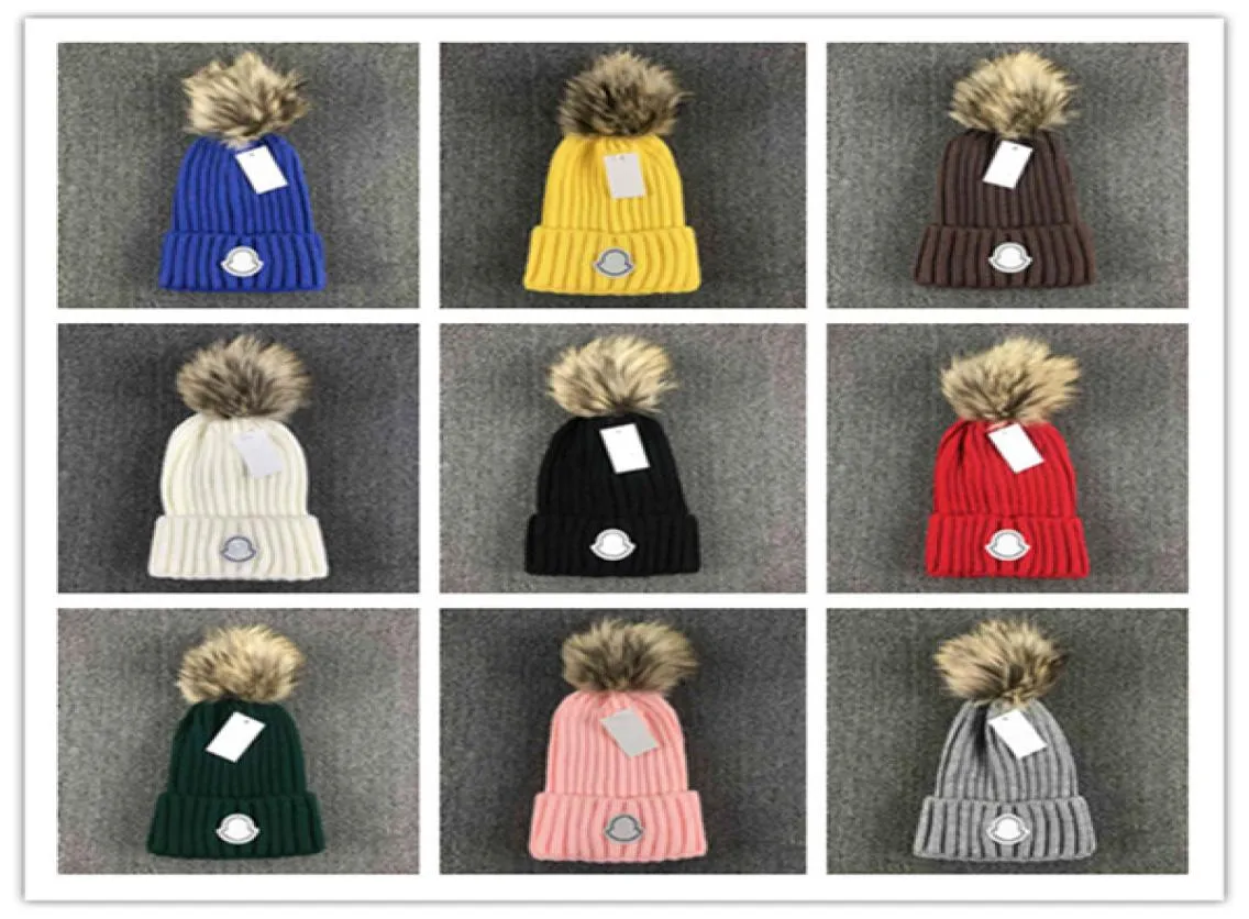 Designer Winter beanies Knitted Beanie Woolen Hat Women Chunky Knit Thick Warm faux fur pom Hats Female Bonnet Beanie Caps 11 colo2129963