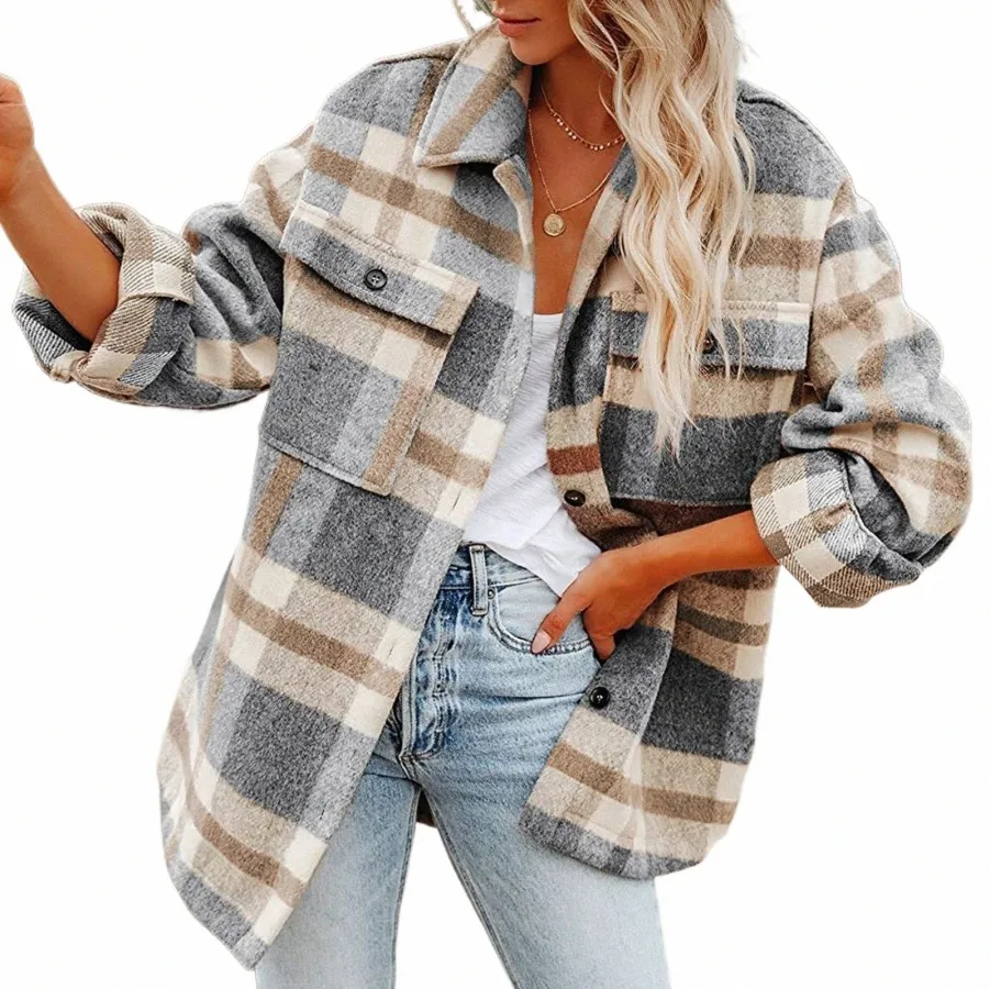 2021 Autumn Plaid Jacket Kvinnor Överskjorta LG Checkered Jacka Kvinna Kvinna LG Sleeve Winter Coat Shirt Jacket för kvinnliga toppar Y9HC#