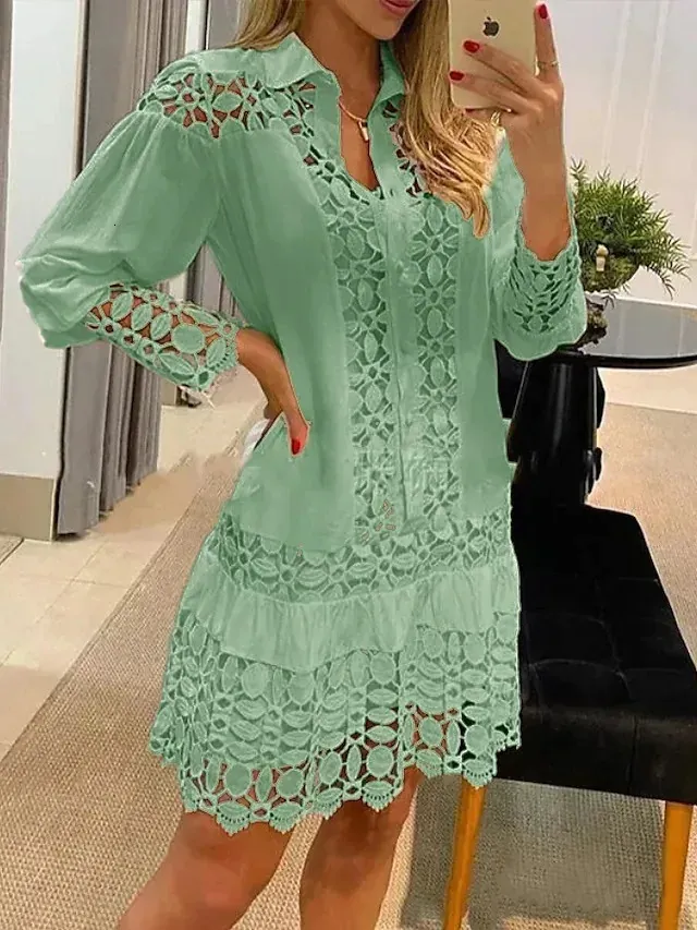 Y2K Party Womens Dress 2023 Spring and Summer Elegant Solid Color Short Sleeve Lace Patch Shirt Dress Hollow Out 240314