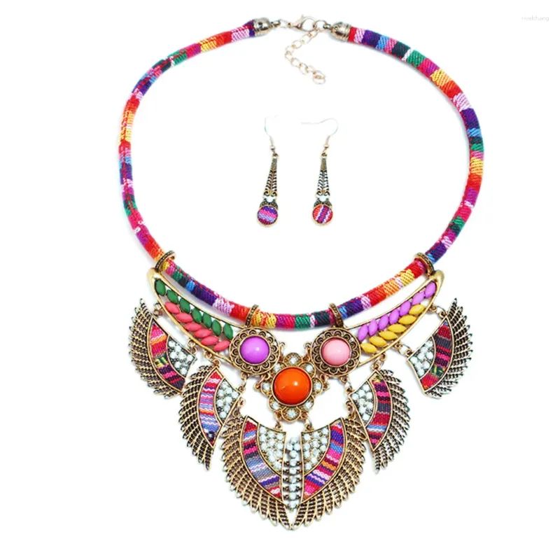 Necklace Earrings Set Fashion Vintage Trendy Jewelry Bib National Style Bohemian Bohemia (Red)