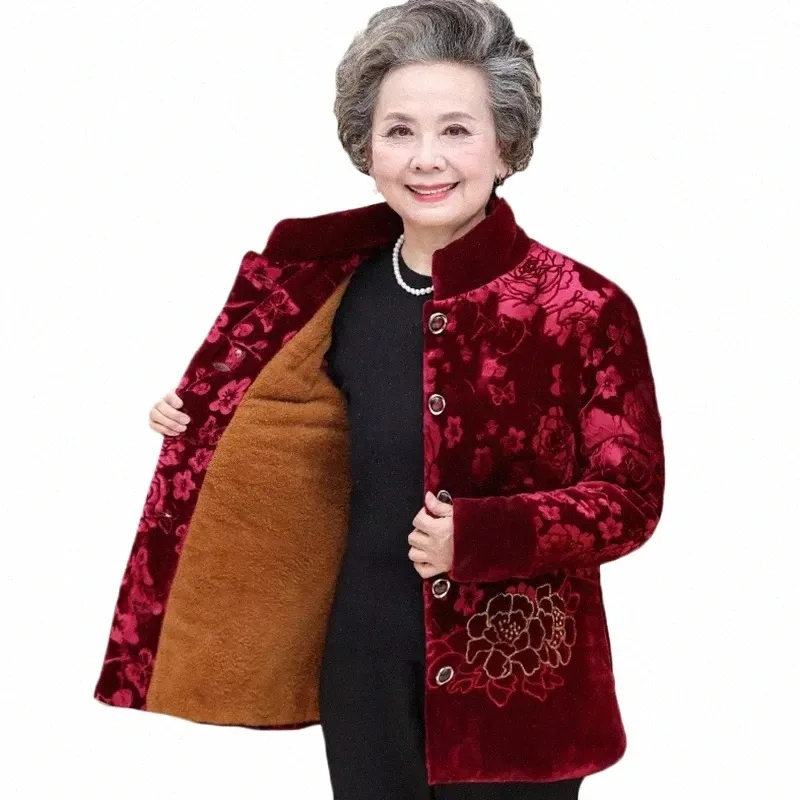 2022 Nya medelålders gamla människor Vinterjackor Guld Veet Cott Parka Mormor Tjock Cott Padded Mother's Clothes Female Coat Z4P4#