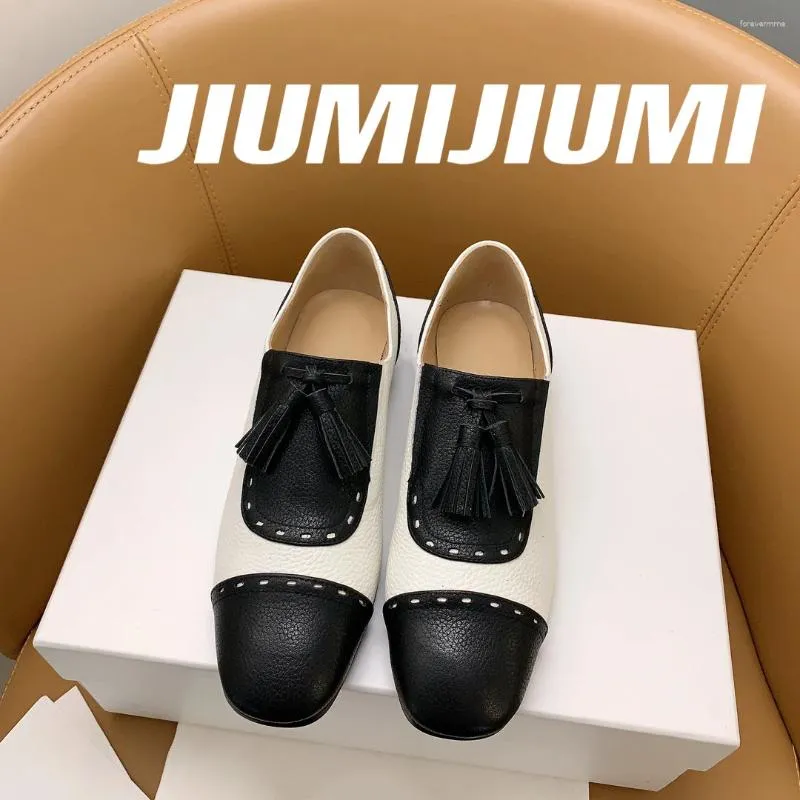 Sıradan ayakkabılar 2024 jiumijiumi retro gerçek deri slip-ons loafers saçak dekora Mary Janes ofis bayan katırları karışımı renkler botas mujer