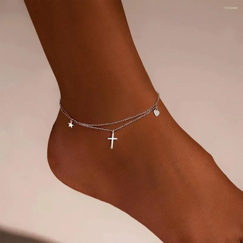 Anklets Lennik 925 Sterling Silver Cross Shape Glossy Anklet Justerbart hjärta Pentagram hänge sommarstrand fina smycken