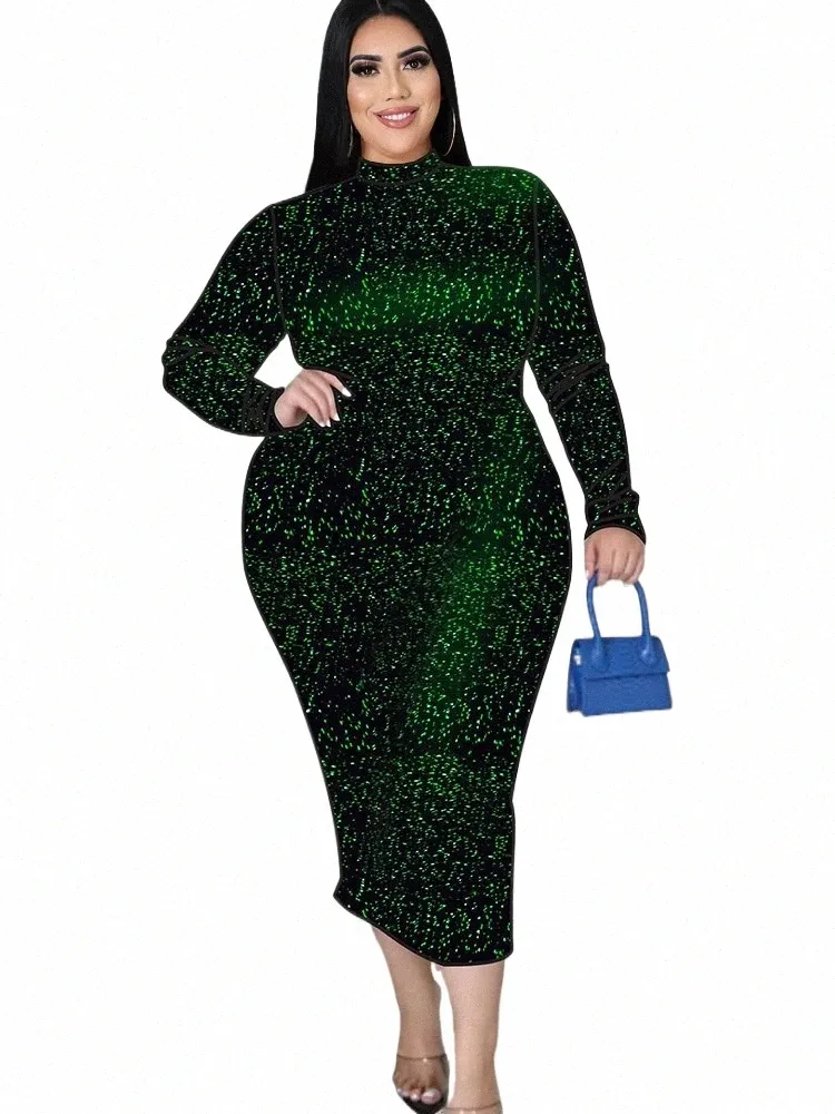 Turtleneck Plus Size Dres 4xl Women LG Sleeves Sexy BodyC Sequins Green Blue Christmas Evening Party 2023 Winter Robes R2x5＃