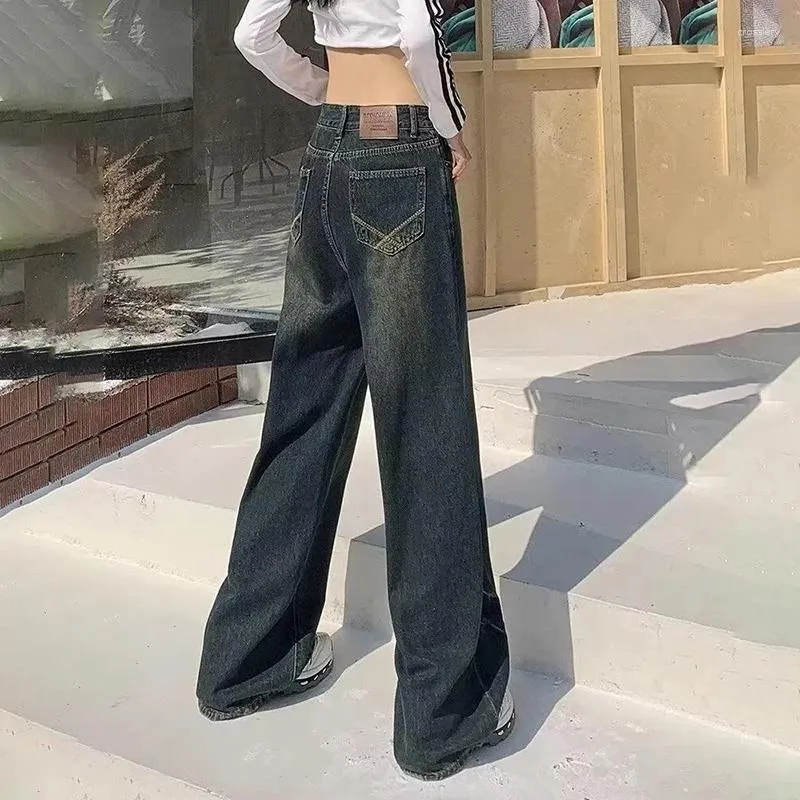 Kvinnors jeans Y2K Vintage Wash Trendy High Street Bootcut American Straight Loose Casual Pants