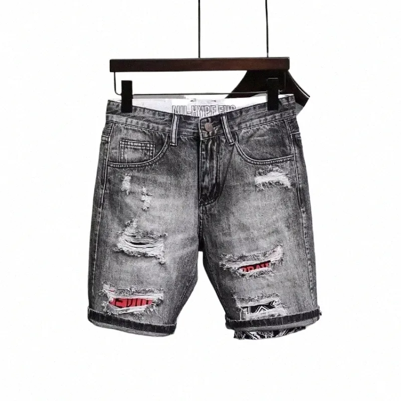 dritto grafico uomo denim shorts al ginocchio multi colore lg metà pantaloni jeans corti per uomo strappato harajuku blu Y2k Hip Hop M2cC #