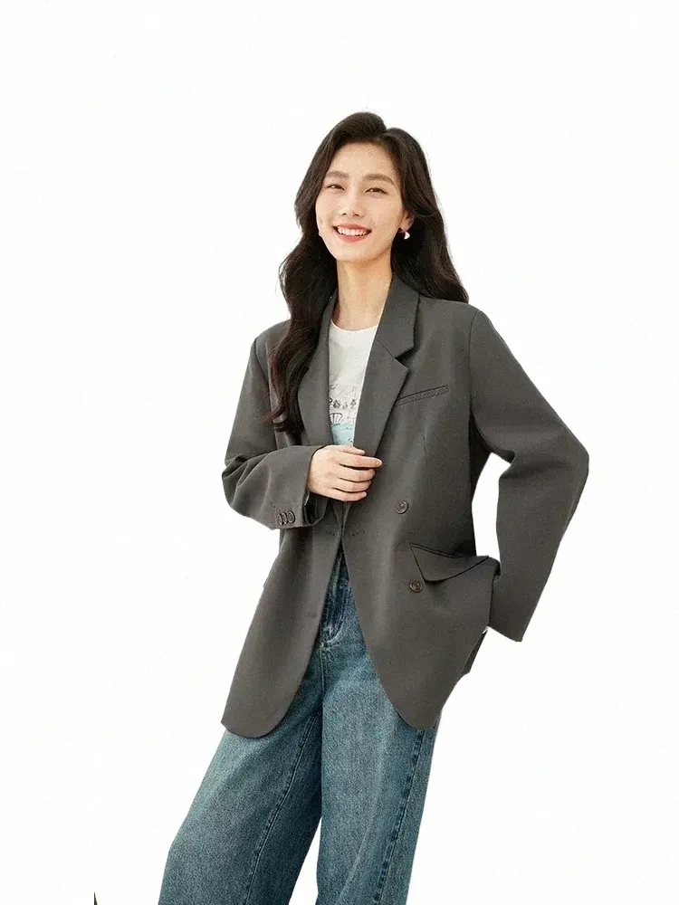 Vimly Korean Fi Grey Blazer For Women Elegancki prosty płaszcz dopasowany 2024 Spring Nowy w Lady Kurtki odzież M3880 76HA#