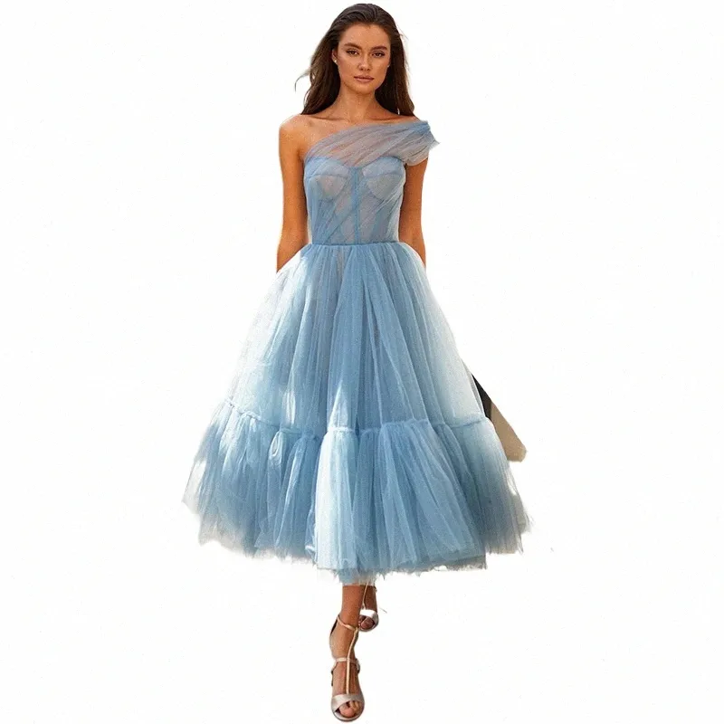 one Shoulder Blue Short Prom Dres 2023 Pleated Tea Length Evening Party Gowns Women Couture Graduati Dr Vestidos Noche P02j#