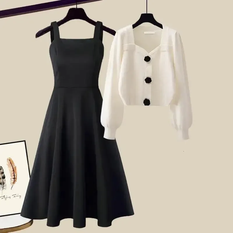 Moda primavera tricô vestidos conjunto feminino high street preto fino estilingue vestido longo com cardigan camisola elegante terno de duas peças 240329
