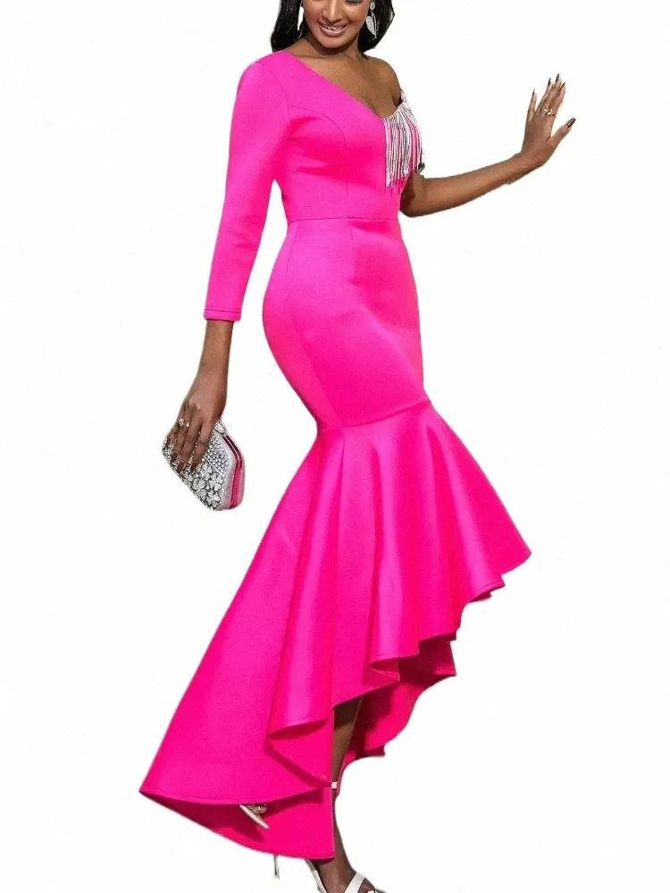 Plus Size Pink Party Dres för kvinnor One Shoulder paljetter Tassel Pink High Low Mermaid Formell Evening Evening Wedding Guest Guest Guelle 4xl 04el#