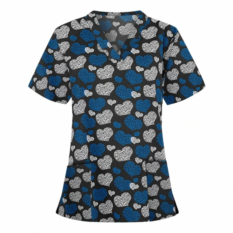 Vrouwen Scrub Top Met V-hals Bloemenprint Scrub Uniformen Verpleegkundige Scrub Tops Voor Vrouwen Korte Mouw Blouse Gezondheidszorg Tuniek A50 38Nz #