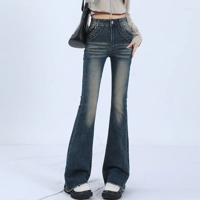 Jeans pour femmes 2024 Femmes Mode Flare Stretch Skinny Bell Bottom Pantalon Vintage Taille haute Soft Tassel Denim Long Pantalon