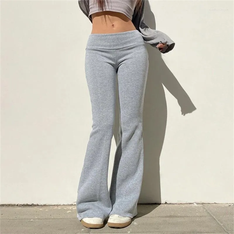 Kvinnors byxor kvinnor låg stigning vik över midjeband fast blossad vinter termisk varm fleece fodrad bodycon svettbyxor yoga leggings