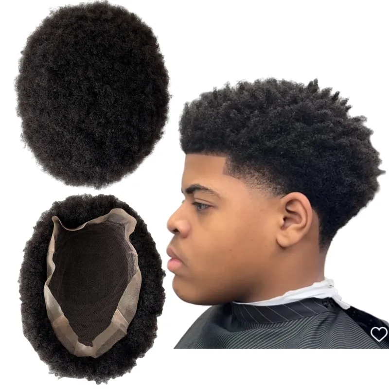 Sistemas de cabelo humano virgem indiano # 1B Natural Black 2mm Afro Full Lace Toupee 8x10 Unidade de renda durável para homens negros