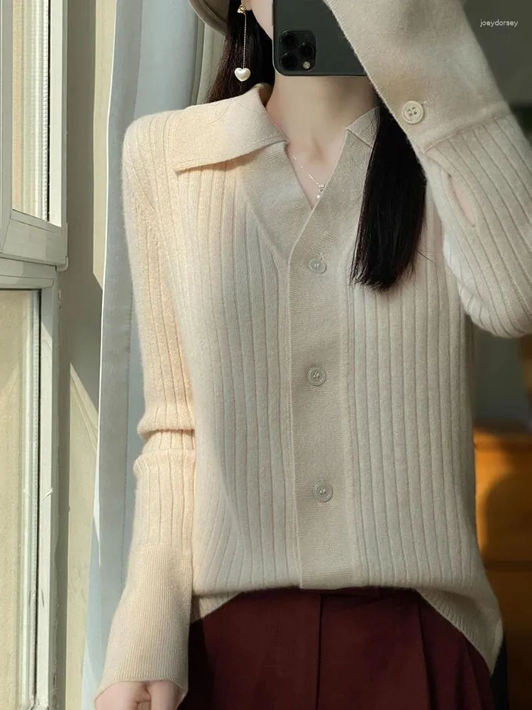 Malhas femininas lã merino cardigan moda manga longa gola polo cor pura camisola feminina topos primavera outono quente malhas