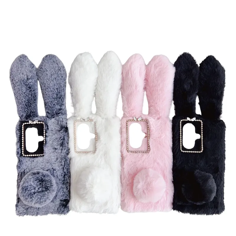 Étuis moelleux de lapin 3D pour Samsung A05 A05S A15 A25 5G A35 A55 X Cover 7 One Plus Nord CE 3 12 12R ACE 3 véritable cheveux en peluche Bling diamant fourrure queue floue doux TPU oreille couverture mignonne