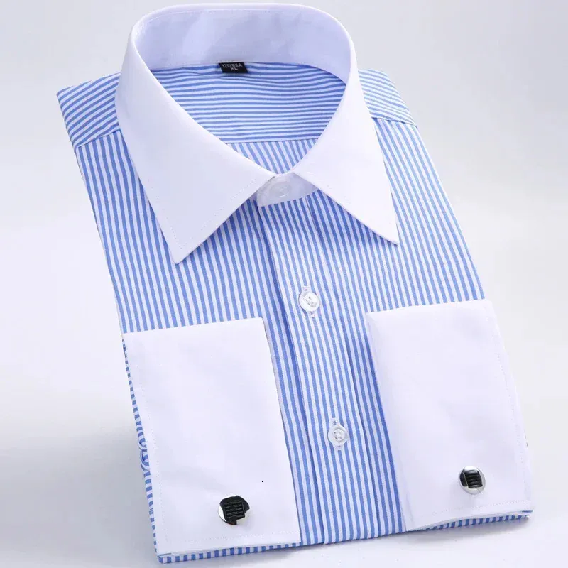 Camicia elegante da uomo a righe con polsini francesi classici, tasca con toppa singola, gemello incluso, camicie da sposa a maniche lunghe 240314