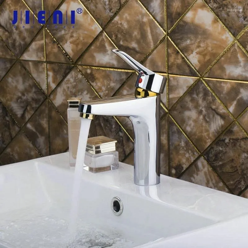 Bathroom Sink Faucets JIENI Luxury Golden Chrome Brass Deck Mount Grifos Simple Design Wash Basin Vessel Tap Mixer Faucet