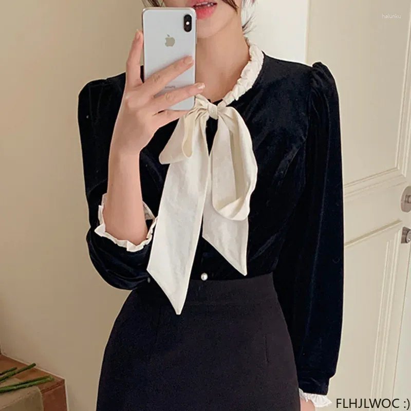 Blusas De Mujer Pajarita Tops De Terciopelo Negro 2024 Mujeres Diseno De Estilo Coreano Manga Larga Elegante Oficina Senora Linda Cinta Dulce Camisas Basicas De 18 88 DHgate
