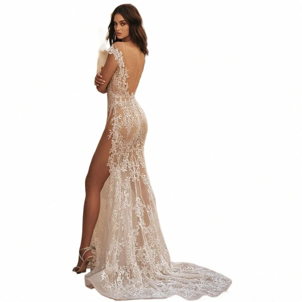 Alta Slipt Sirena Abiti da sposa sexy Dres Appliques in pizzo Aperto Indietro Abiti da sposa Staccabile Treno nuziale Dr vestido de noiva M7uh #