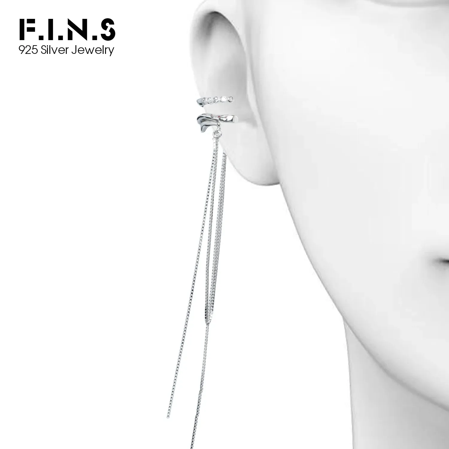 イヤリングF.I.N.S 1PCオリジナルタッセルボックスチェーン100％S925 STERLING SILVER CLIP DOBLLELAYERジルコンイヤリング