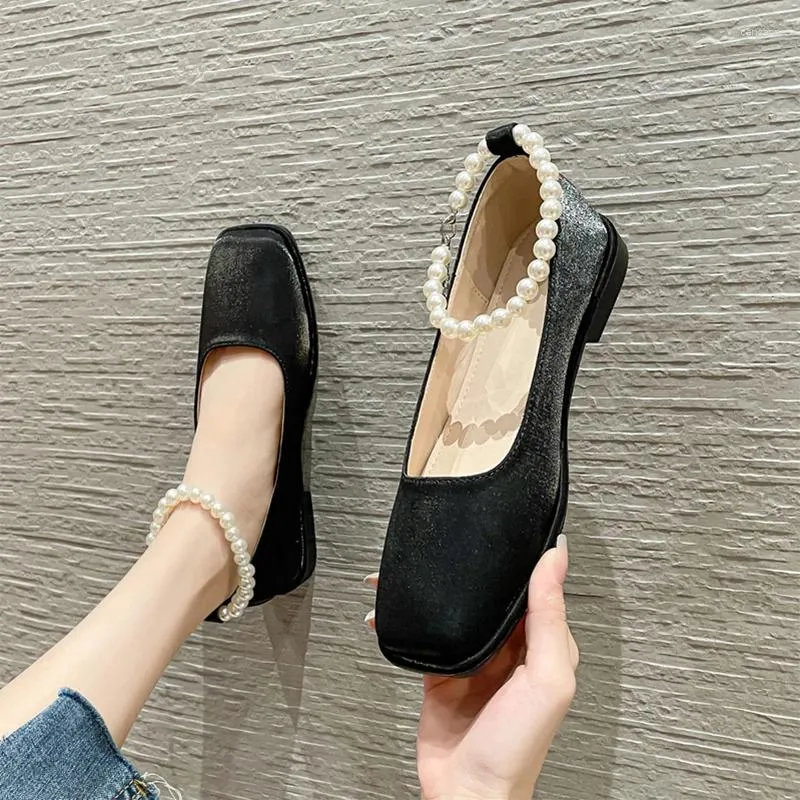 Casual Shoes String Bead Loafers Woman Flats Sneakers Shallow Square Toe Grandma Women 2024 Pearl Belt Buckle Moccasins Plus Size 40-43