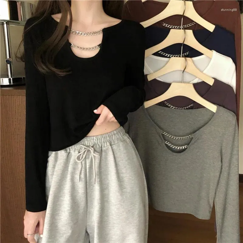 Women's T Shirts 2024 Women Fall Sexy Chain Slim Body Long Sleeved Black T-shirt Tops Female Fashion Korean Y2k Round Neck Solid Color