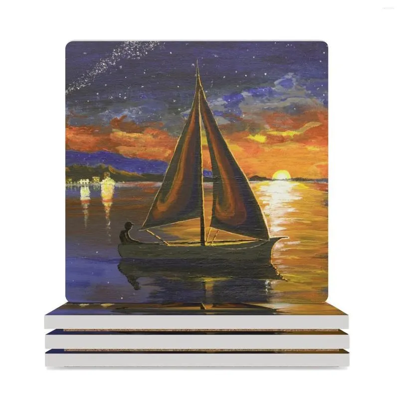 Tapis de table marins au coucher du soleil sous le ciel étoilé, peinture romantique, dessous de verre en céramique (carré), carrelage de noël