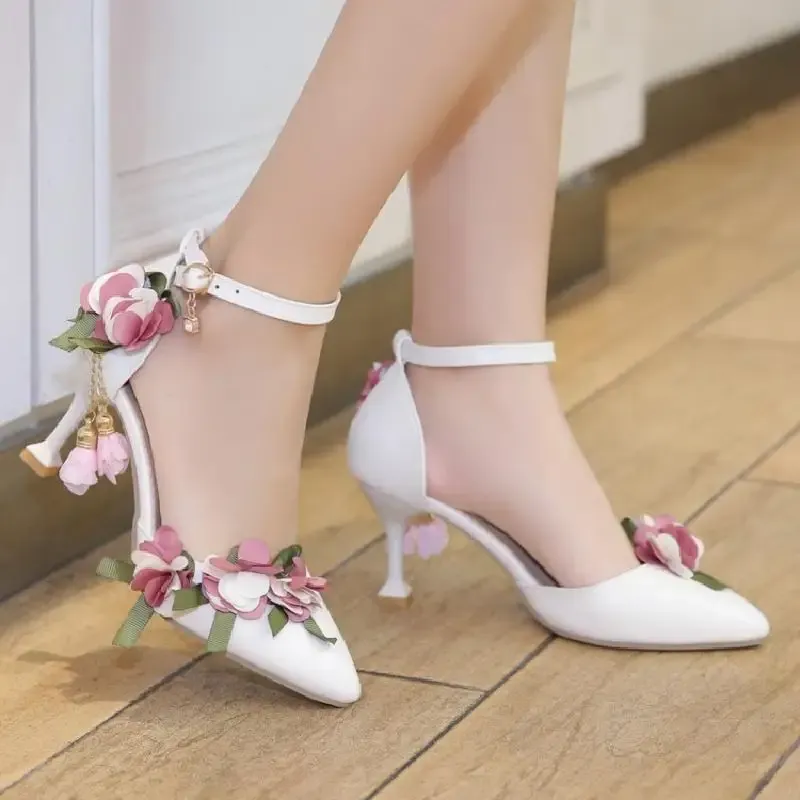 Pumps spring and summer women fairy shoes sandals flowers pearl sweet princess high heel shoes Lolita shoes high 7.5cm plus size 3246