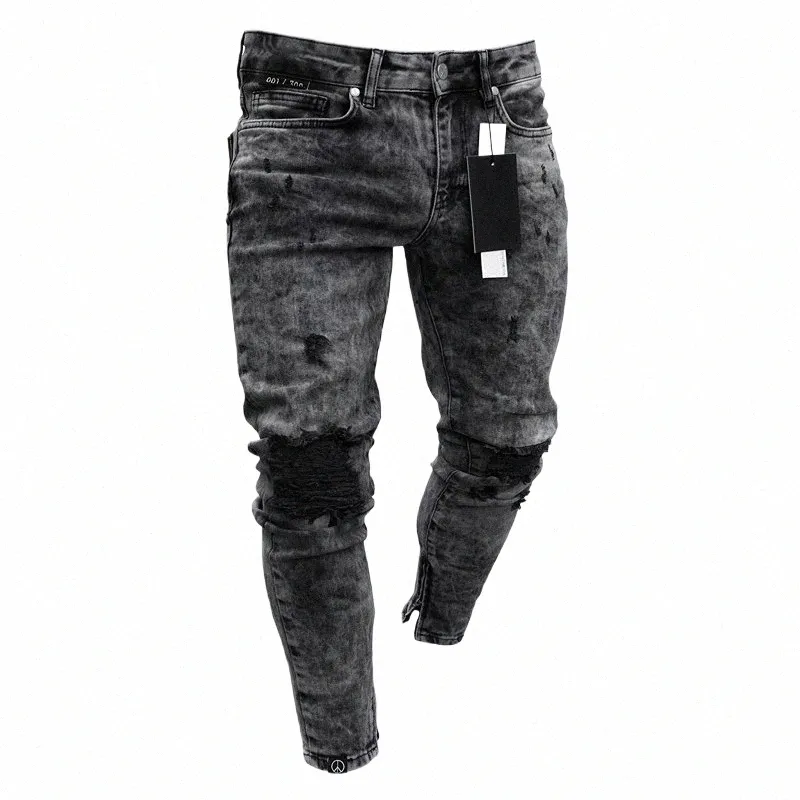 Dropship fi jeans män casual rippade hiphop byxor mager stretchy jean för hane distred denim byxor streetwear t8nd#