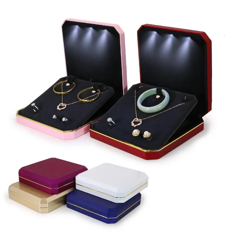 19x19x45cm gummifärg LED smyckeslåda armband halsband örhängen ringar gåvor lådor smycken set display lagring fodral 240327