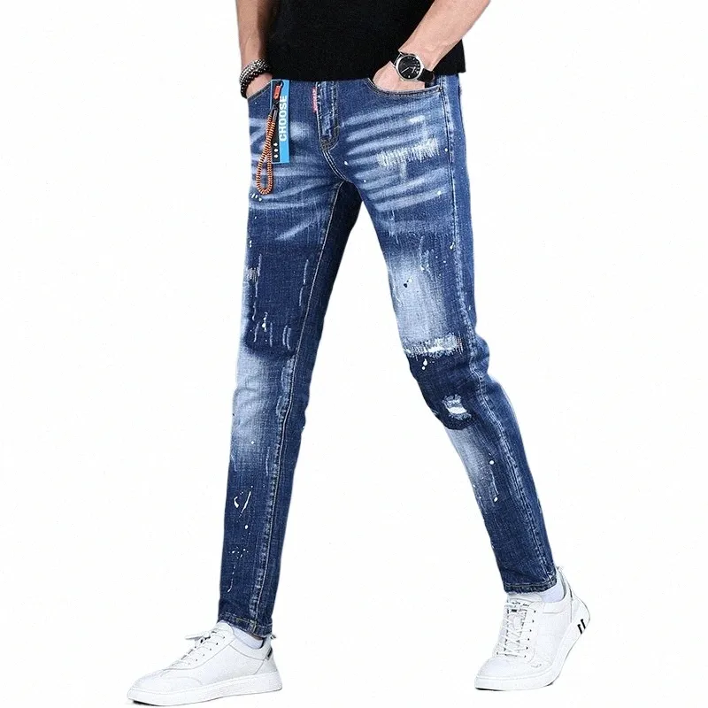 Jeans déchirés bleus pour hommes d'été Pantalon droit pour hommes Streetwear Dot imprimé Slim Fit Denim Pantalon G4vf #