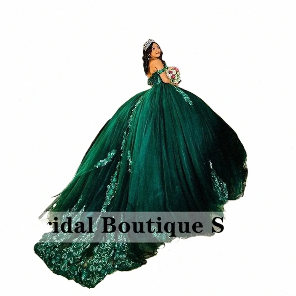 Emerald Green Ball Gown Quinceanera Dres Applices Beading Crystals Off Axla Sweet 16 Dr Vestido de 15 Anos Lace-Up 30CS#