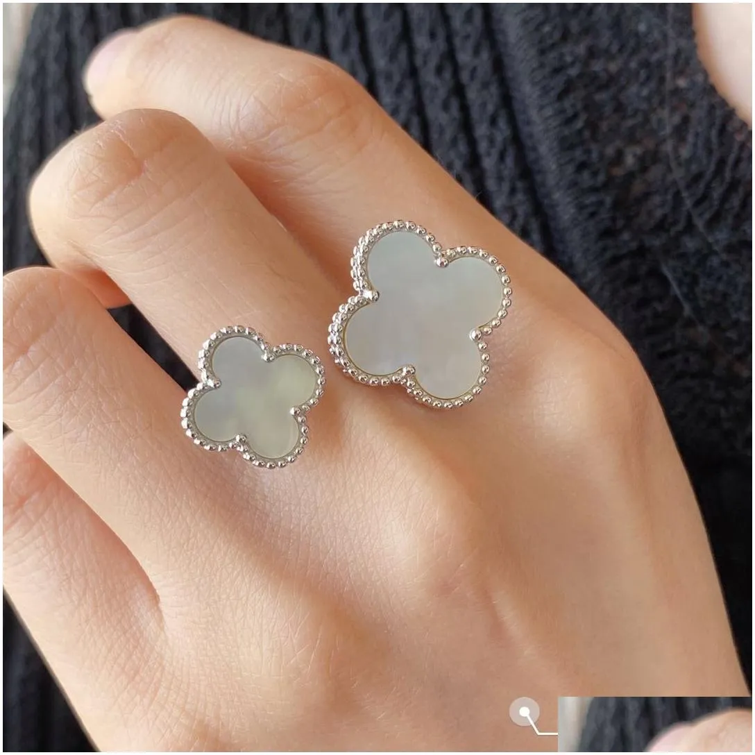 Vintage Cluster Rings Van Clee Brand Designer Copper Double Ceramic Four Leaf Clover Flower Charm Open Ring For Women Jewelry With Box Party