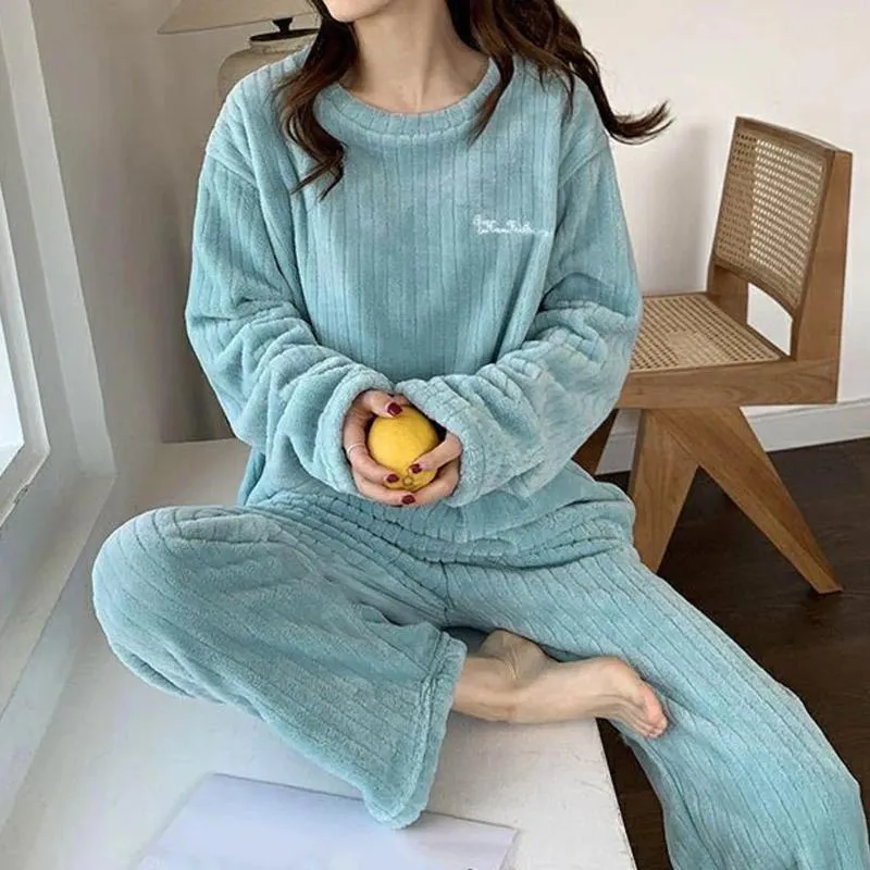 Home Clothing Women Pajama Sets 2024 Spring Autumn Warm Thicken Sleepwear 2 Piece Set Cozy Coral Fleece Casual Wear Loungewear Suit