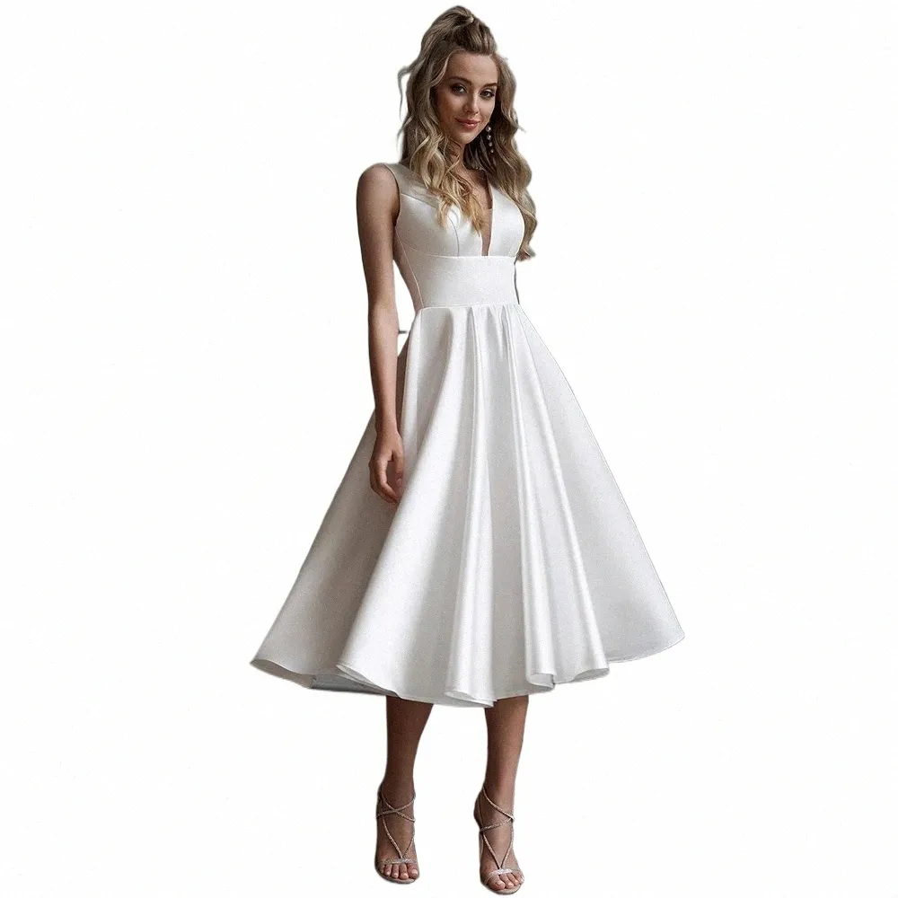 Einfache Braut Dr. V-Ausschnitt Weiß Satin Sleevel Kurze Hochzeit Dres Backl Eine Linie Tee Länge Midi Brautkleider q4DZ #